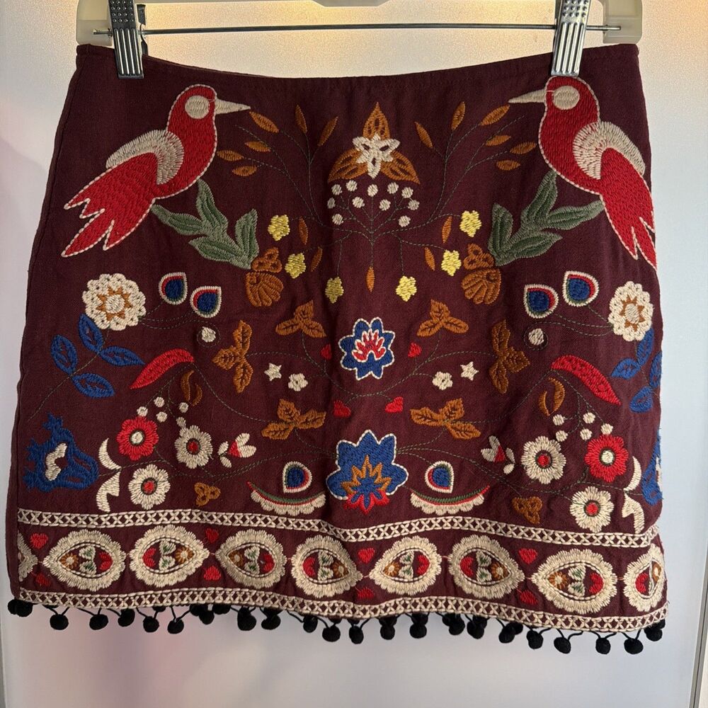 Umgee Folk Art Inspired Embroidered Bird Nature Boho Size S Brown Multi Mini